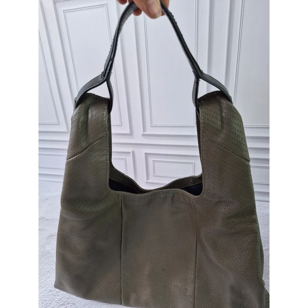 Splendid Hobo Bag Perforated Leather Shoulder Olive Taupe Slouchy Minimalist